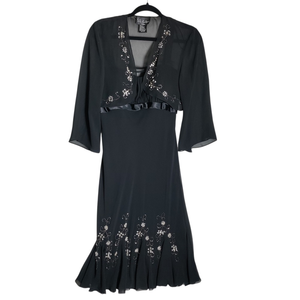 SL Fashions Black Embroidered 2 Piece Dress Set‎ Bolero Jacket Petite 12P 442108